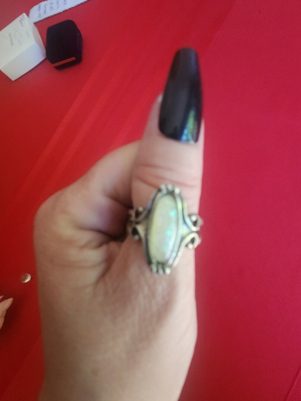 Silver Opal Marquise Ring - Cream Opalescent Stone
